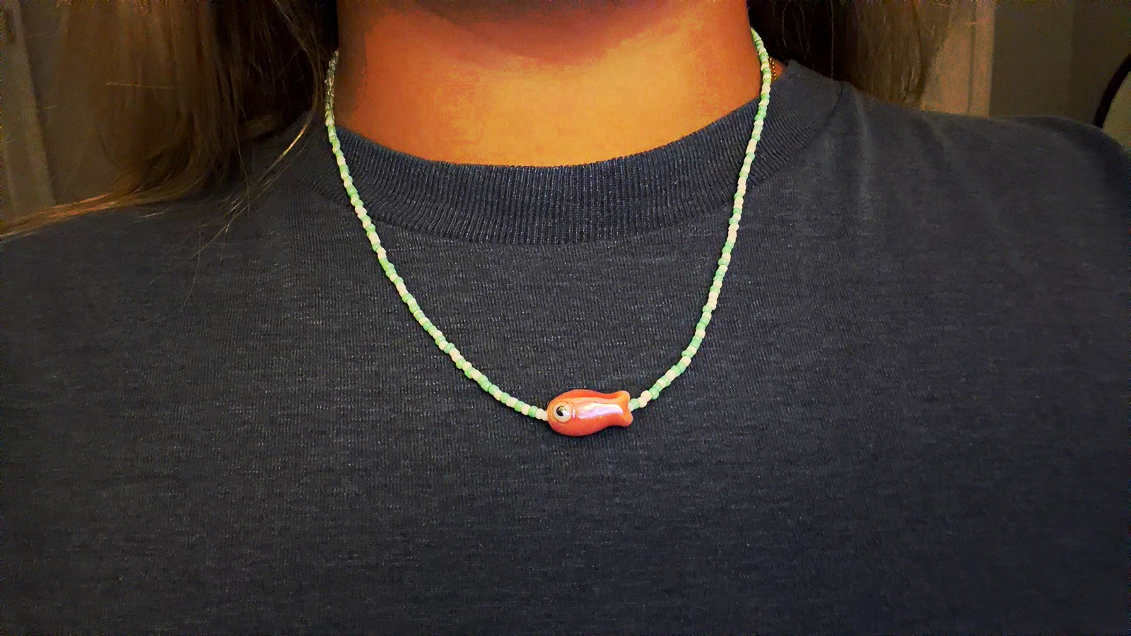 Turquoise Handmade Beaded Necklace Pink Fish Charm Pendant Lobster Clasp