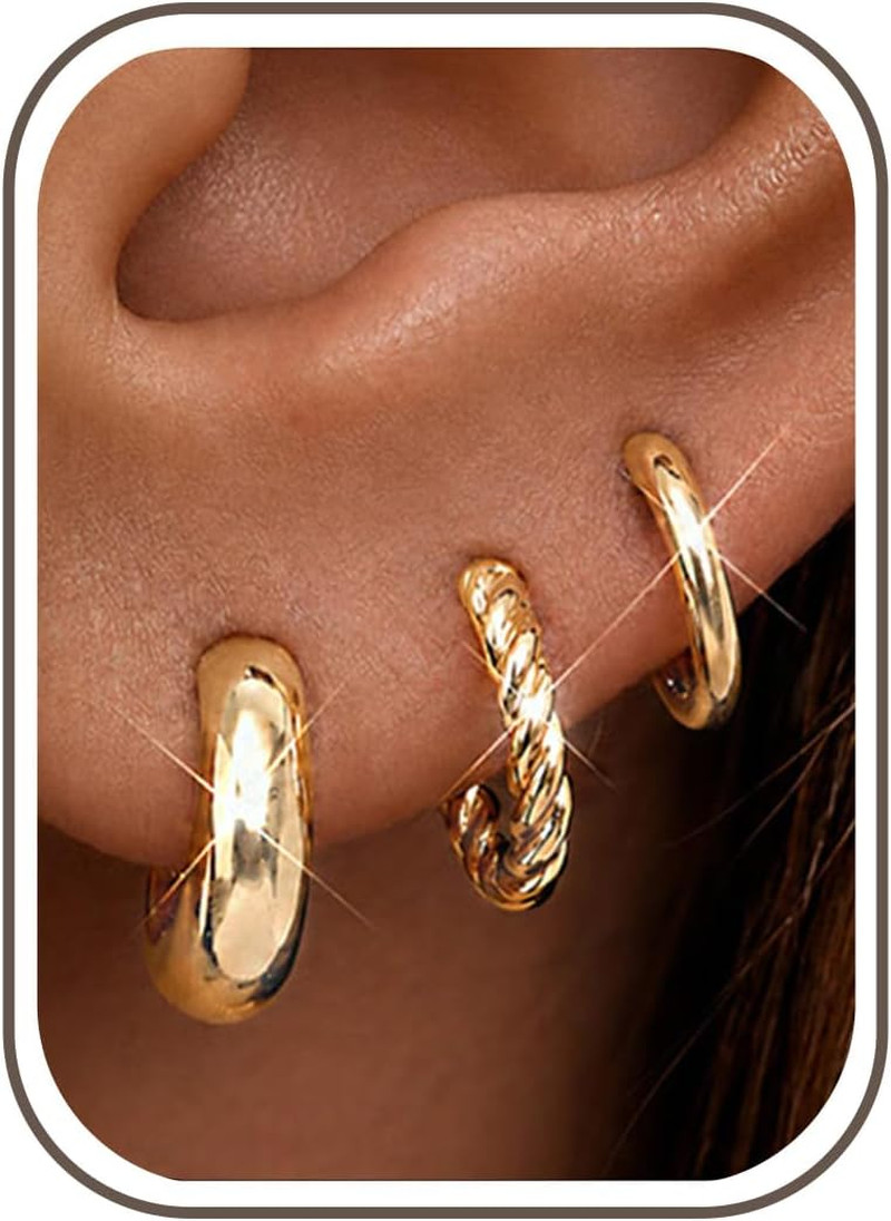 3 Pairs Gold Hoop Earrings for Women, Small 14K Plated Hypoallergenic Huggie Ear
