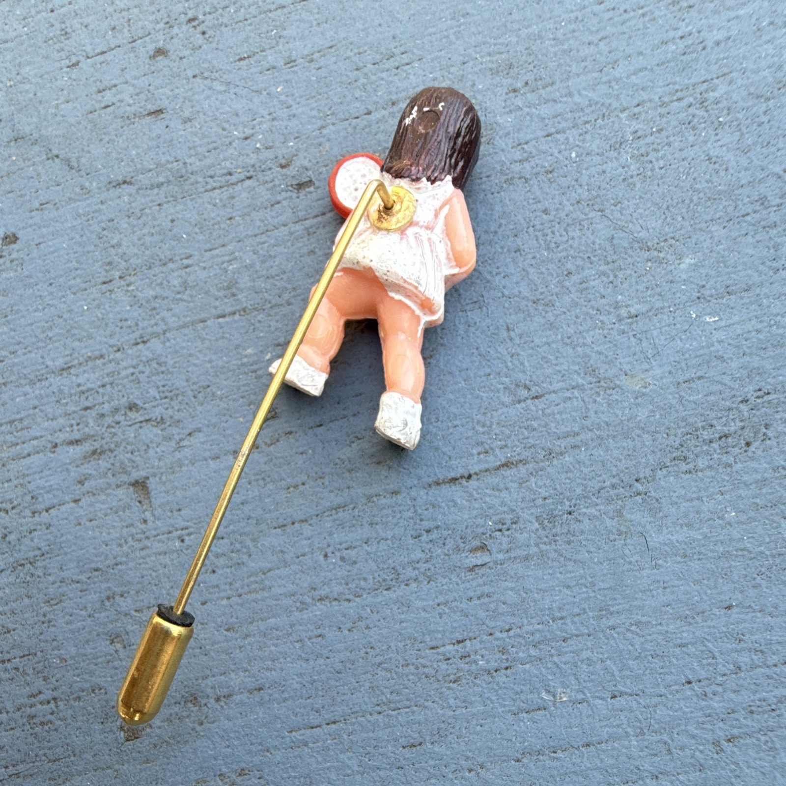 Figural Tennis Girl Stick Pin Lapel/Hat Pin Gold Tone Multicolor Plastic Metal