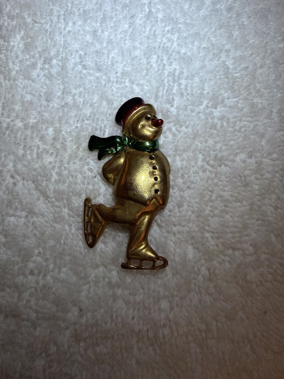 Snowman Ice Skating Brooch Pin Gold Tone Enamel Green Scarf Red Hat Christmas