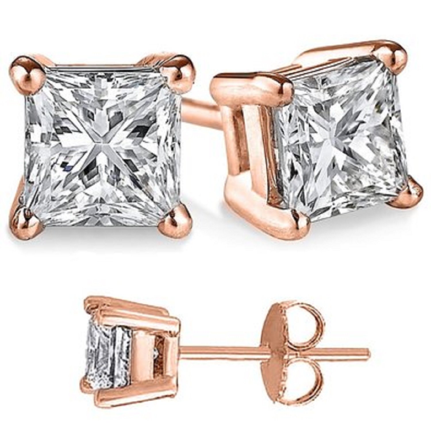 Solid Sterling Silver Basket Set CZ Stud Earrings PRINCESS SQUARE CUBIC ZERCONIA
