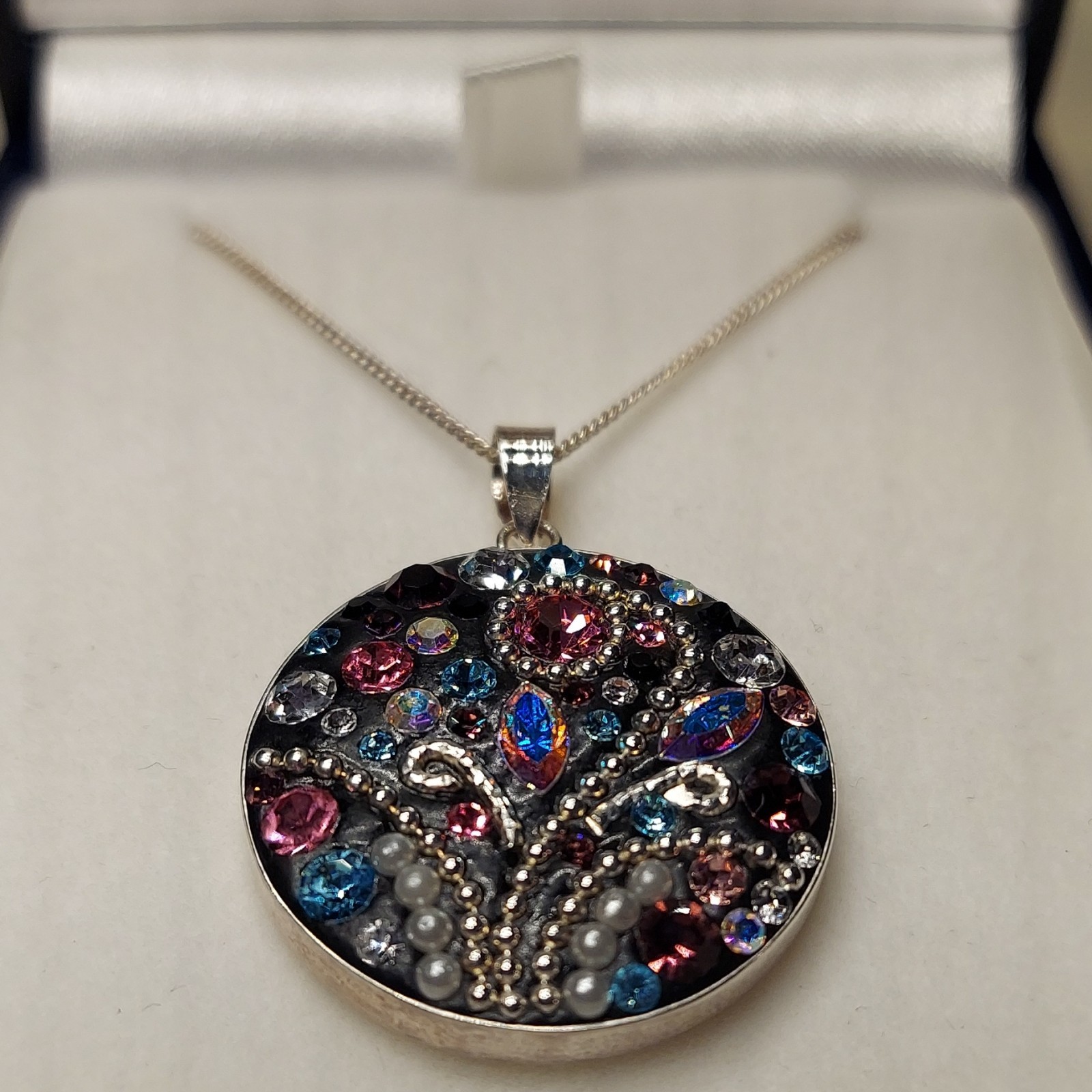 MULTICOLOR crystal silver 925 Round Rhinestone Pendant Necklace, Cable Chain