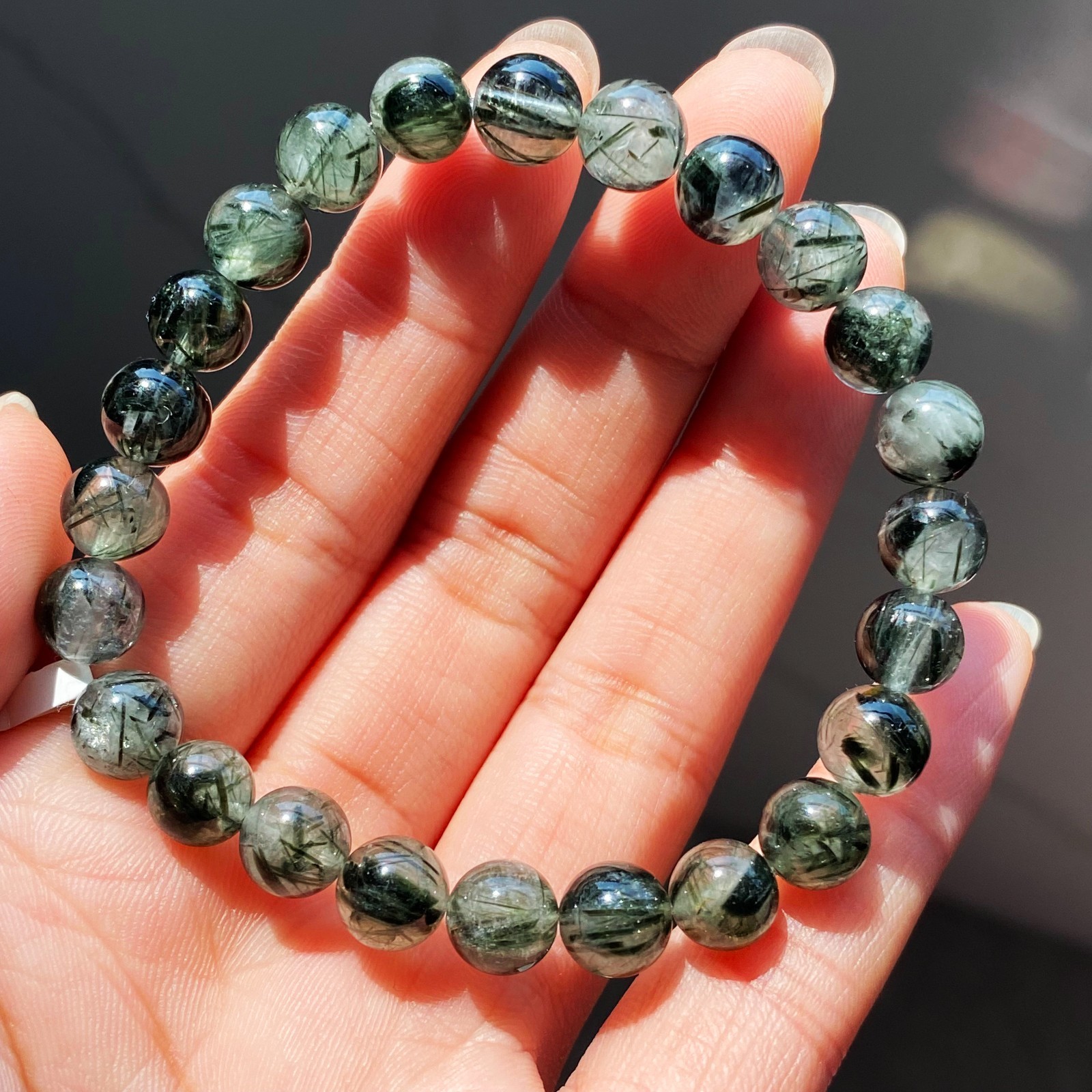 7.8mm Natural Green Tourmaline Rutilated Quartz Crystal Beads Bracelet 032