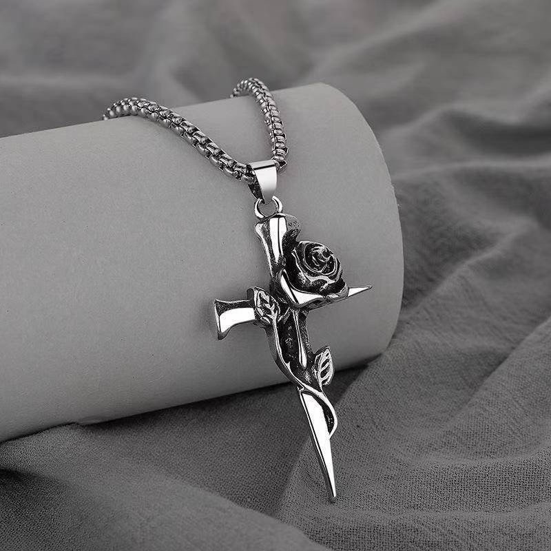 Fashion Vintage Double Sided Gothic Punk Rose Cross Stainless Steel Necklace