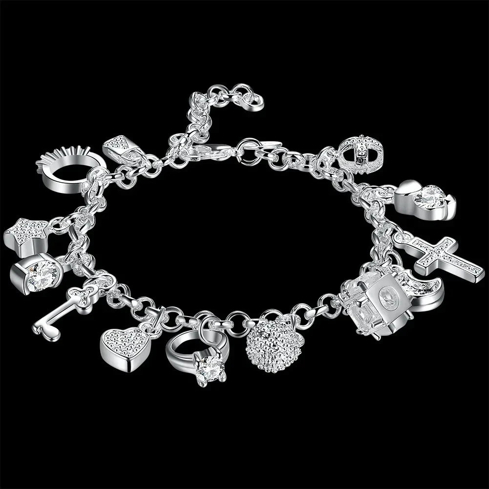 Women 925 Silver Heart Bracelet Cubic Zirconia Chain Gift Jewelry 20cm