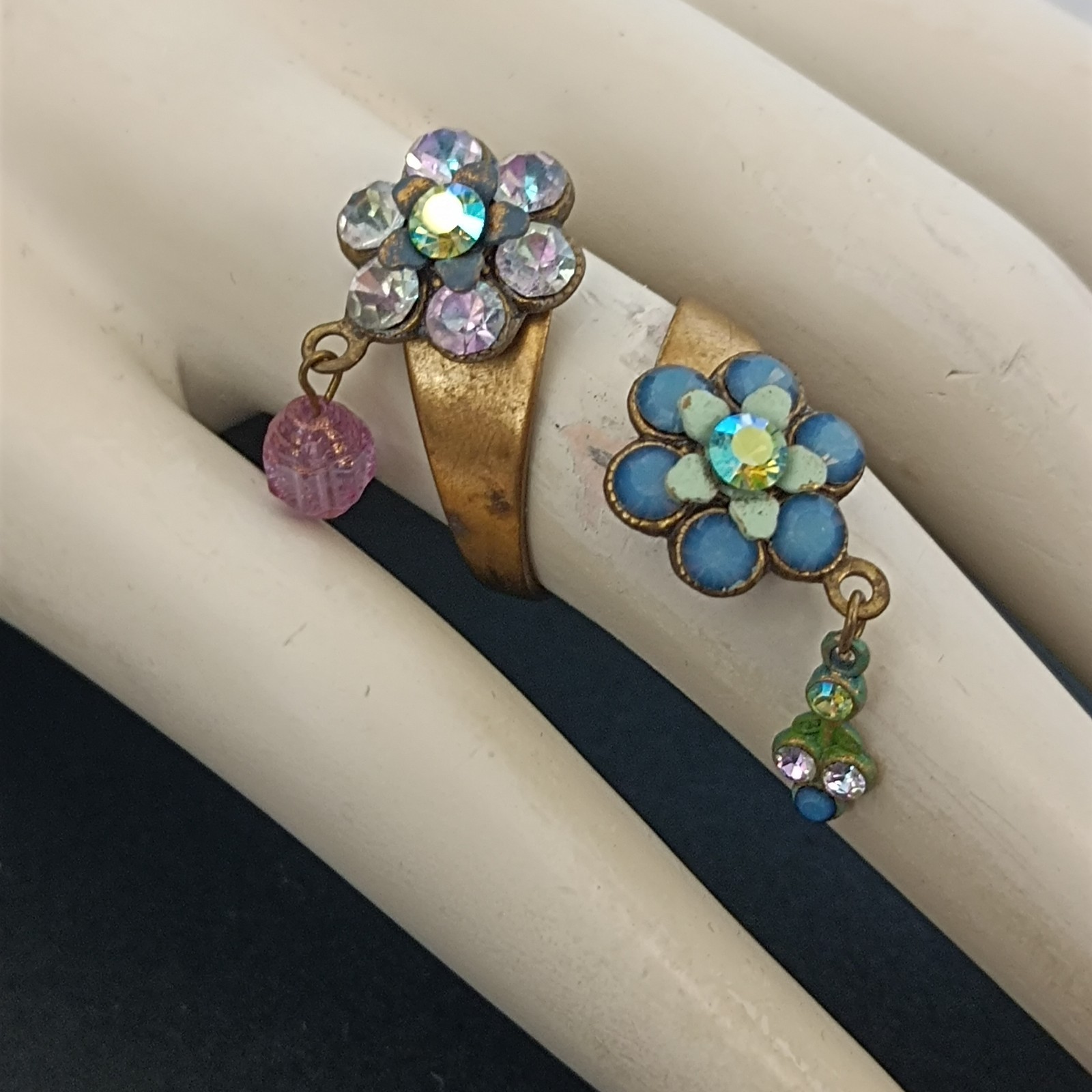 Michal Negrin Split Shank Floral Ring Romantic Boho Crystal Charm Statement VTG