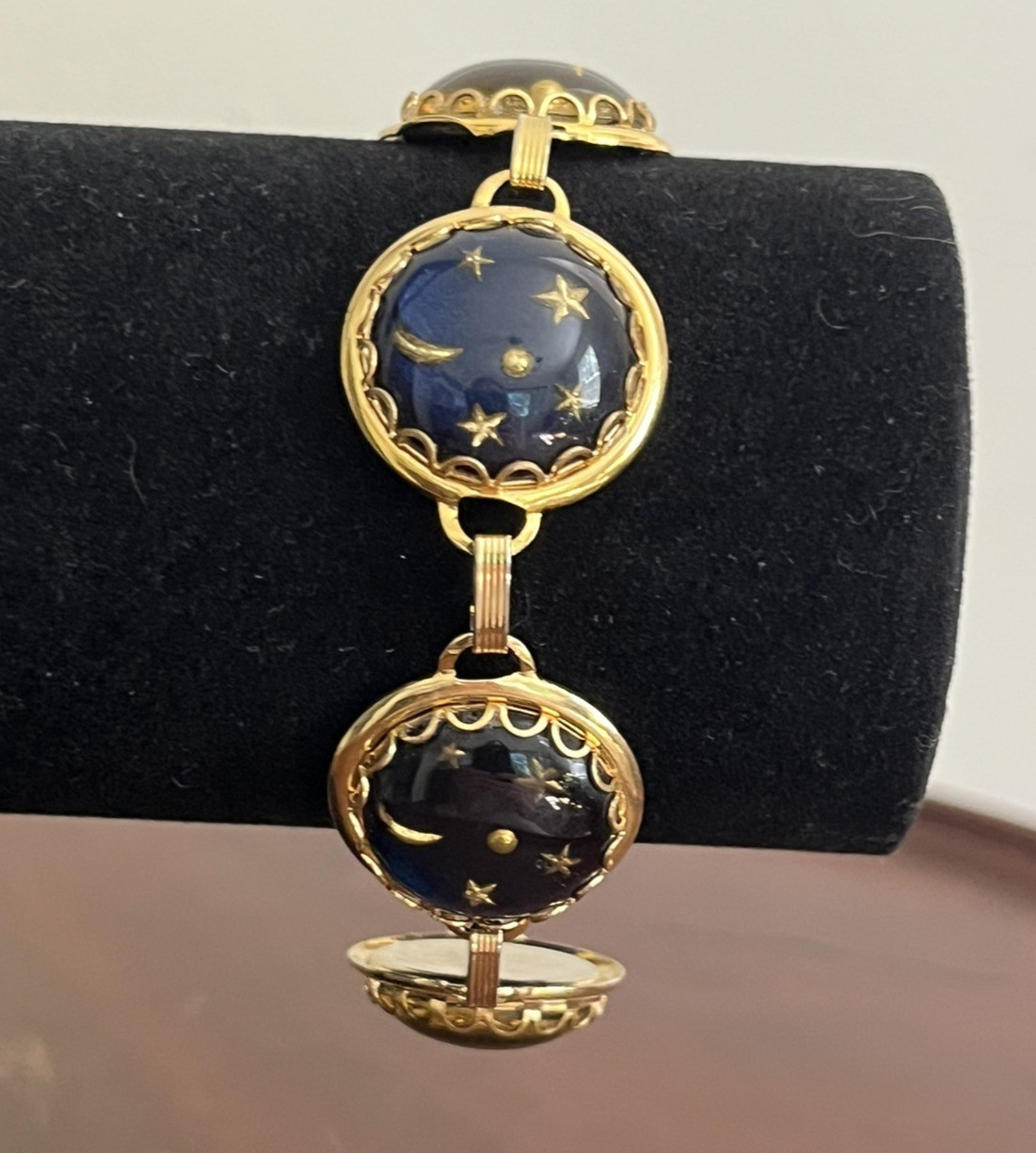 Blue and Gold Tone Celestial Bracelet Moon Stars Glass Dome 7.25″