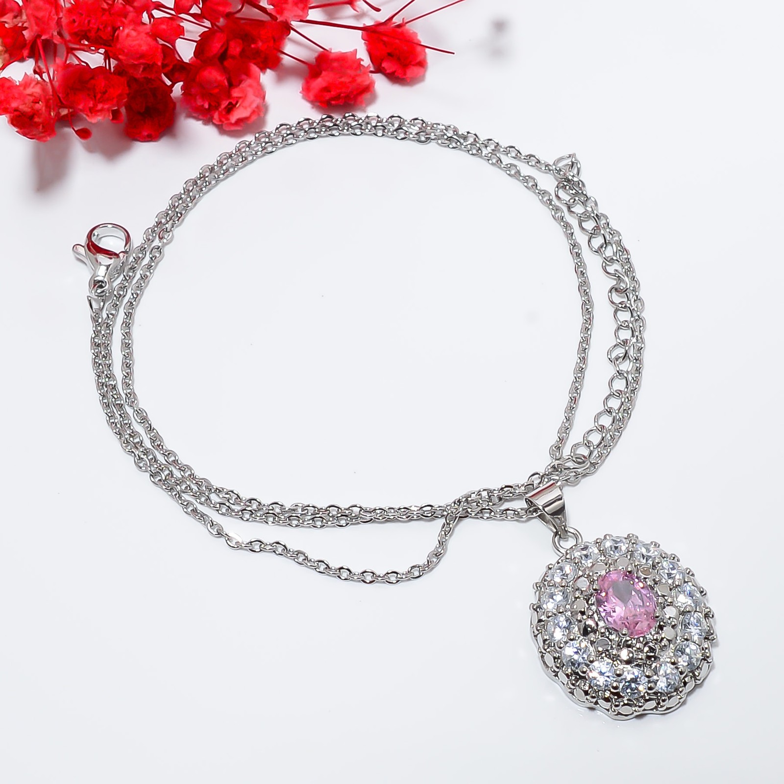 Pink Sapphire Simulated & Cz 925 Sterling Silver Pendant With Chain 18-20″ CP229