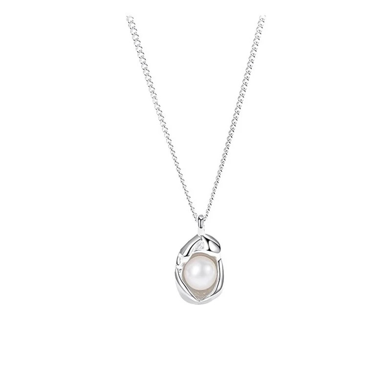 Sterling Silver Necklace Pearl Geometric Pendant Choker Vintage Women Jewelry