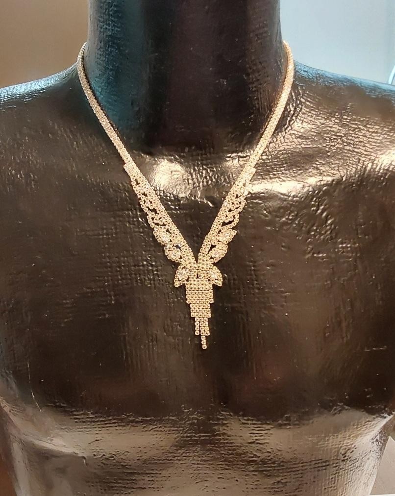 Silver Tone Fringe Rhinestone Necklace Cascading Jewelry