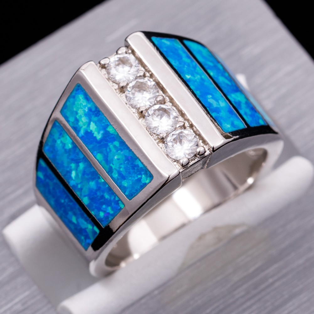 4x Simulated Moissanite Blue Fire Opal Silver Jewelry Wide Band Ring SZ 7 8 9 10