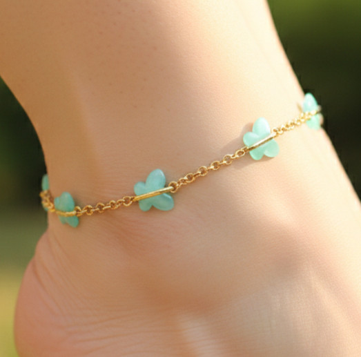 Handmade 18K Gold Sea Green Butterfly Anklet – Dainty Minimalist Foot Chain