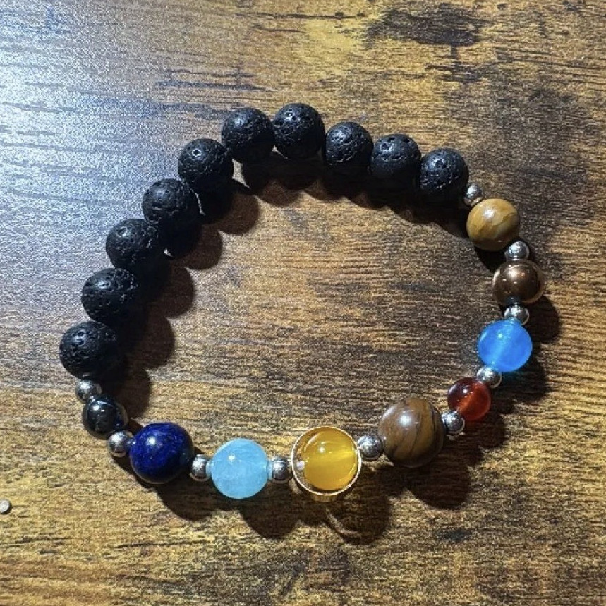 Black Multicolor Round Stone Beaded Stretch Bracelet Sizable Adjustable Fit