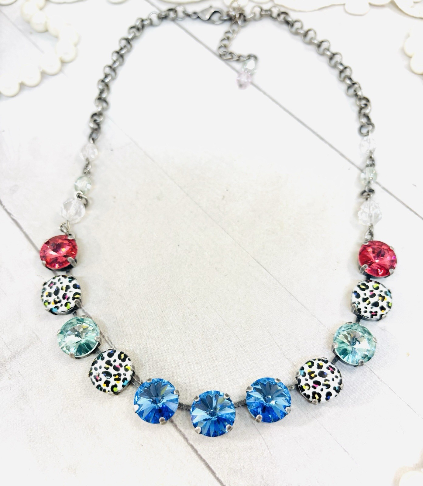Antique Silver Rainbow Leopard Cup Chain Statement Necklace