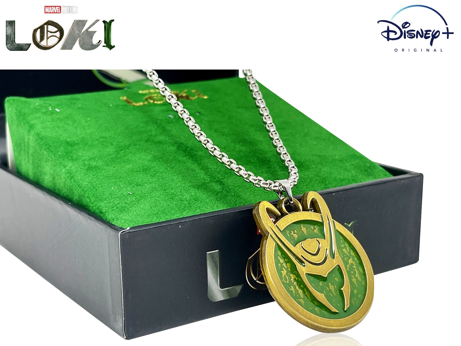 LOKI HELMET NECKLACE, Official Marvel Disney+ Men LOKI SYMBOL Pendant Necklace