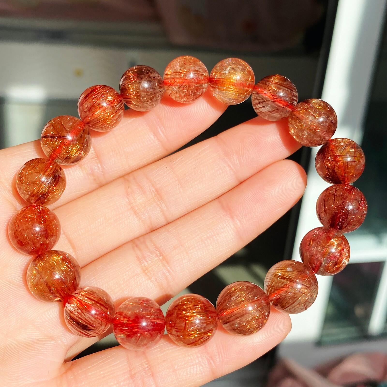 10.7-11.3mm Natural Copper Rutilated Quartz Crystal Stretch Beads Bracelet 17