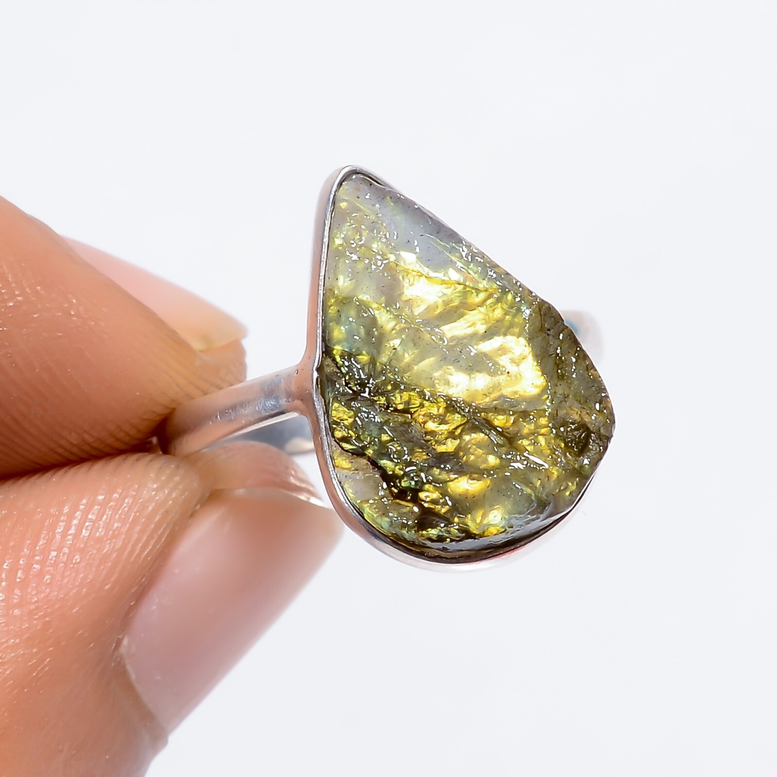 Natural Flashy Labradorite Rough Gemstone Handcrafted Ring 7 US Trendy Jewelry