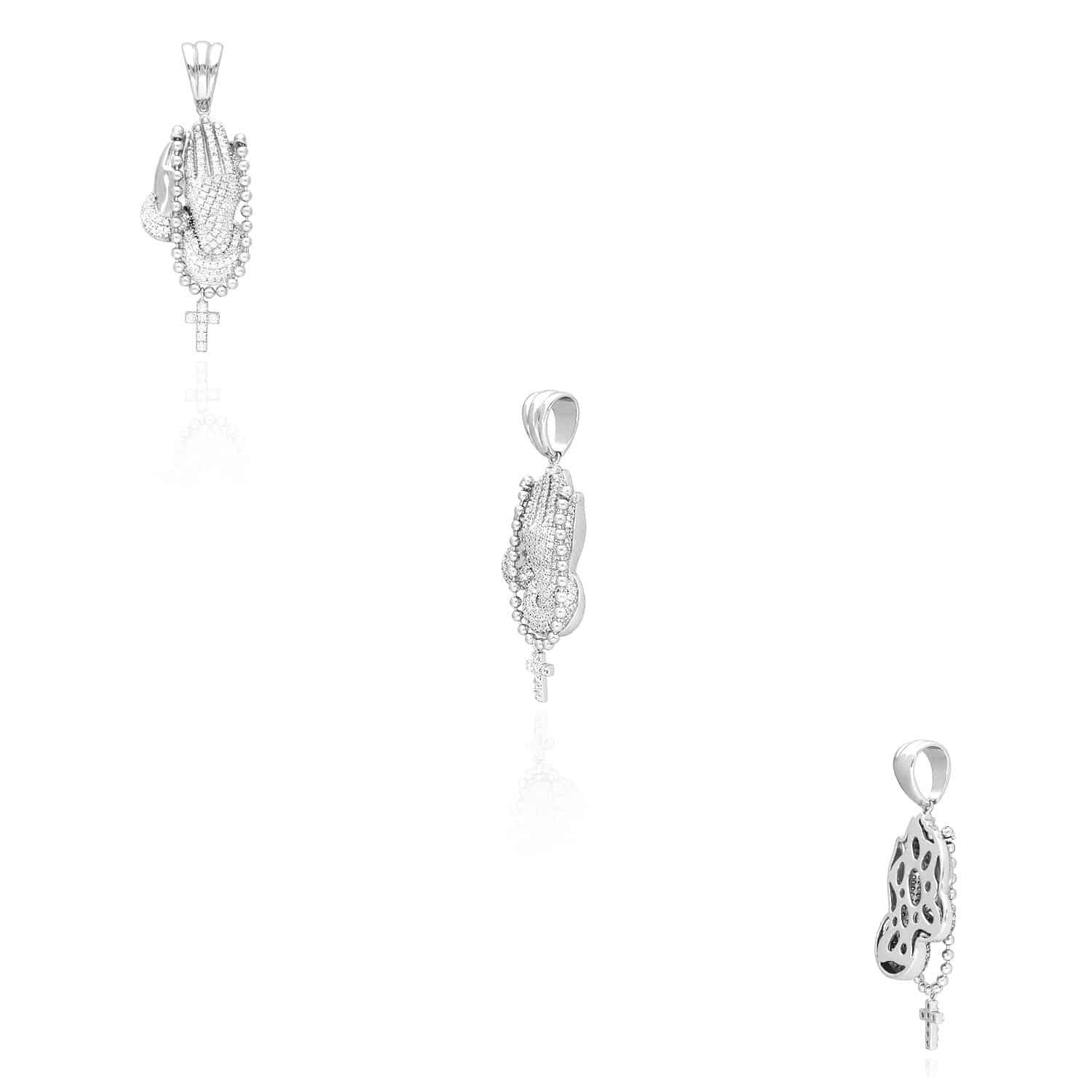 14K Gold Over Sterling Silver CZ Praying Hand Cross Pendant 1.57″