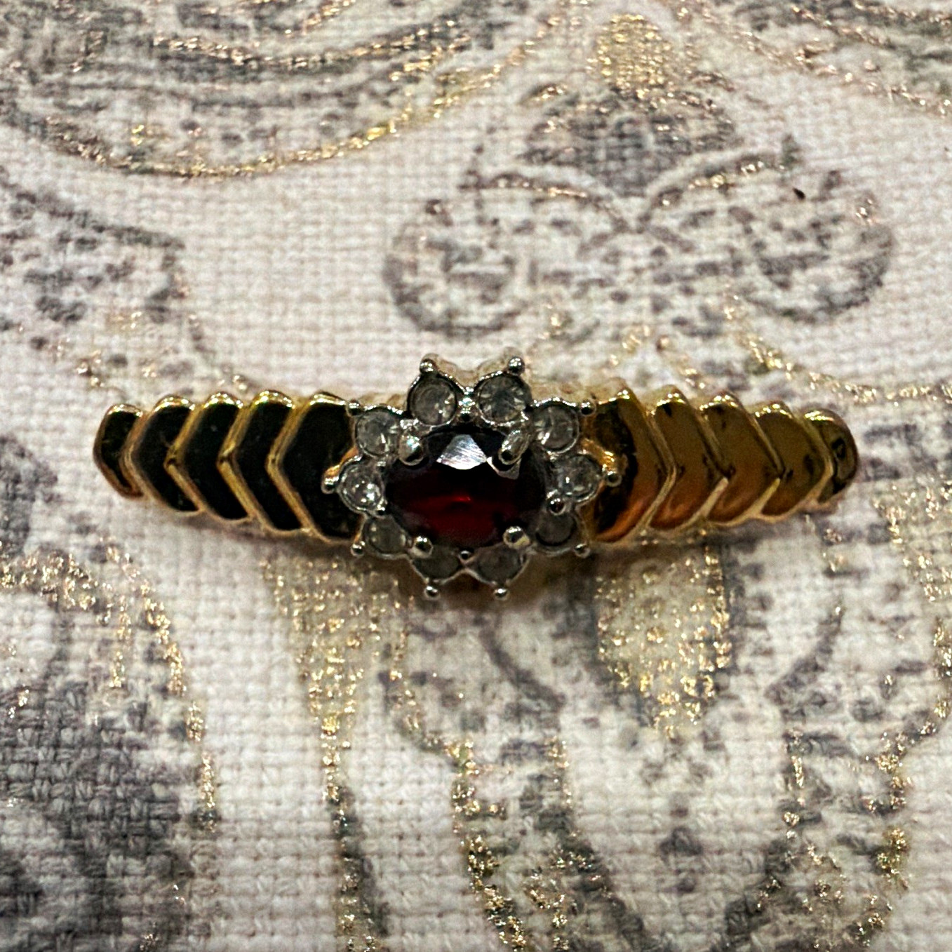 Gold Tone Metal Bar Brooch Pin, Red Oval Center Stone, Clear Accents