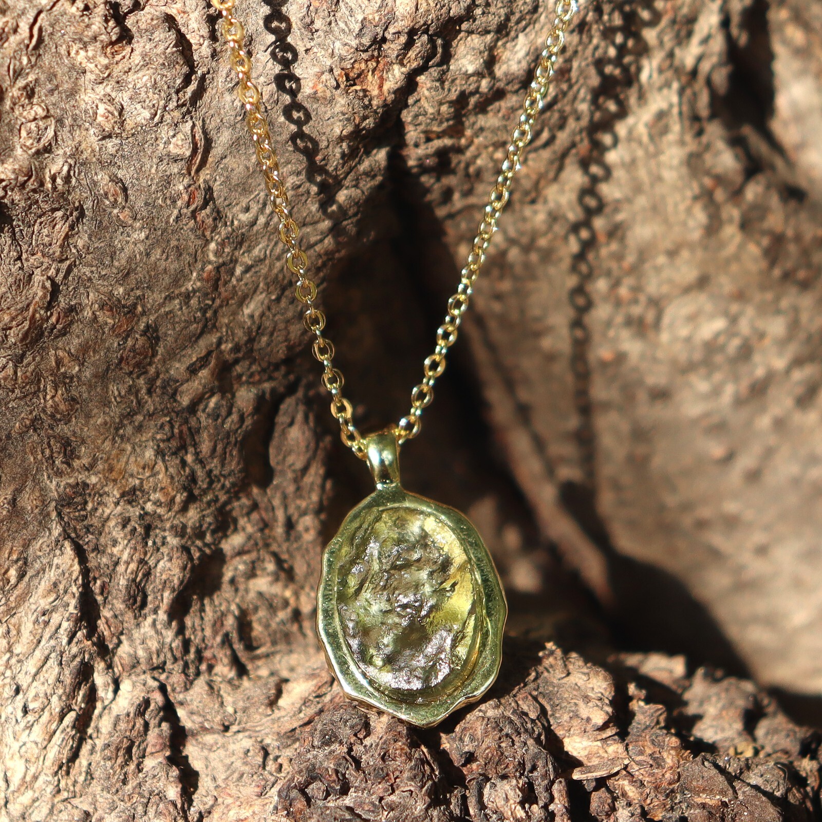 Authentic Raw Uncut Moldavite Pendant Gold Plated Oval Shape Moldavite Necklace