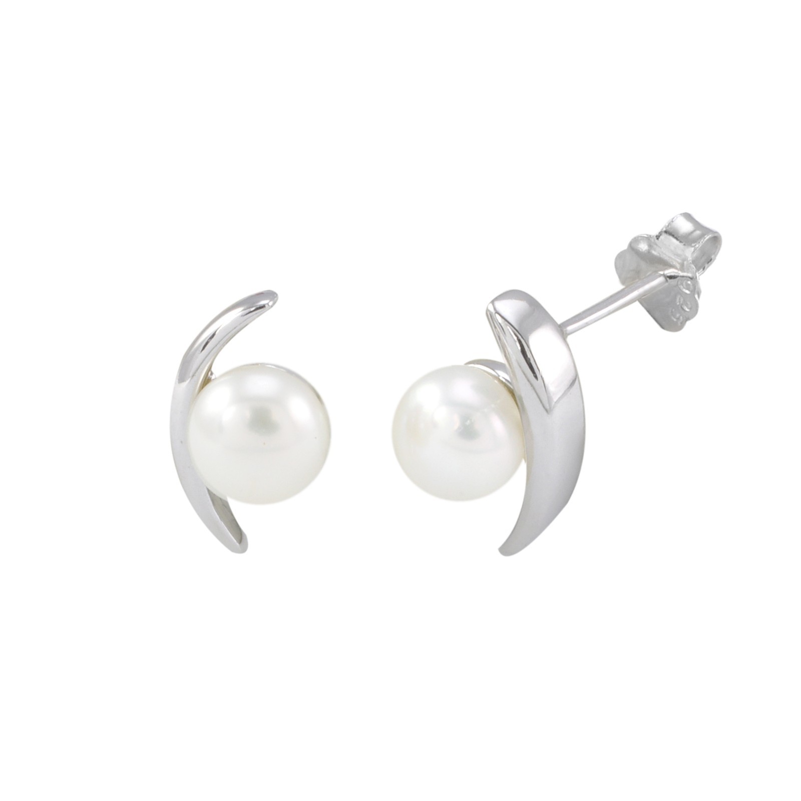 White Freshwater Pearl Earrings High Polished Curved Bar Sterling Silver