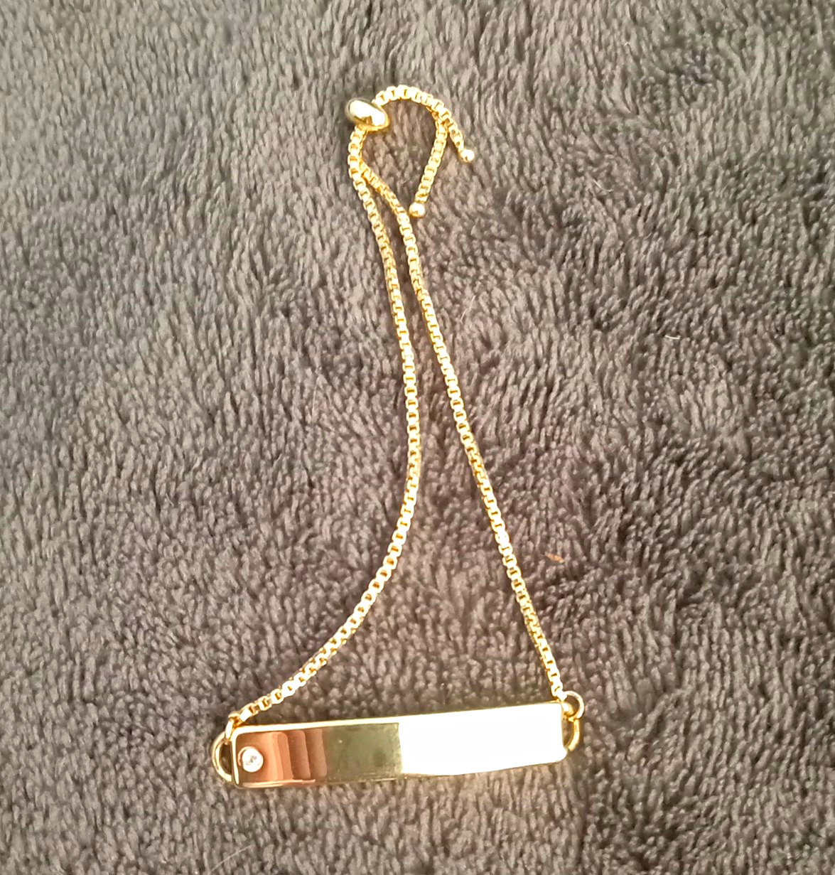 24k Gold ID Bar Box Chain Bolo Bracelet Adjustable Clear Crystal Accent