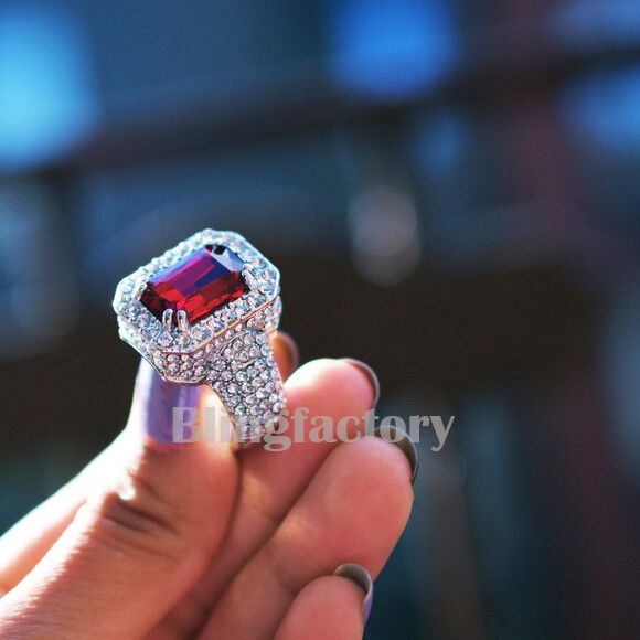ICED ICY SILVER PLATED ALLOY RED GEM STONE CUBIC ZIRCONIA PINKY SIZE 8 ~ 12 RING