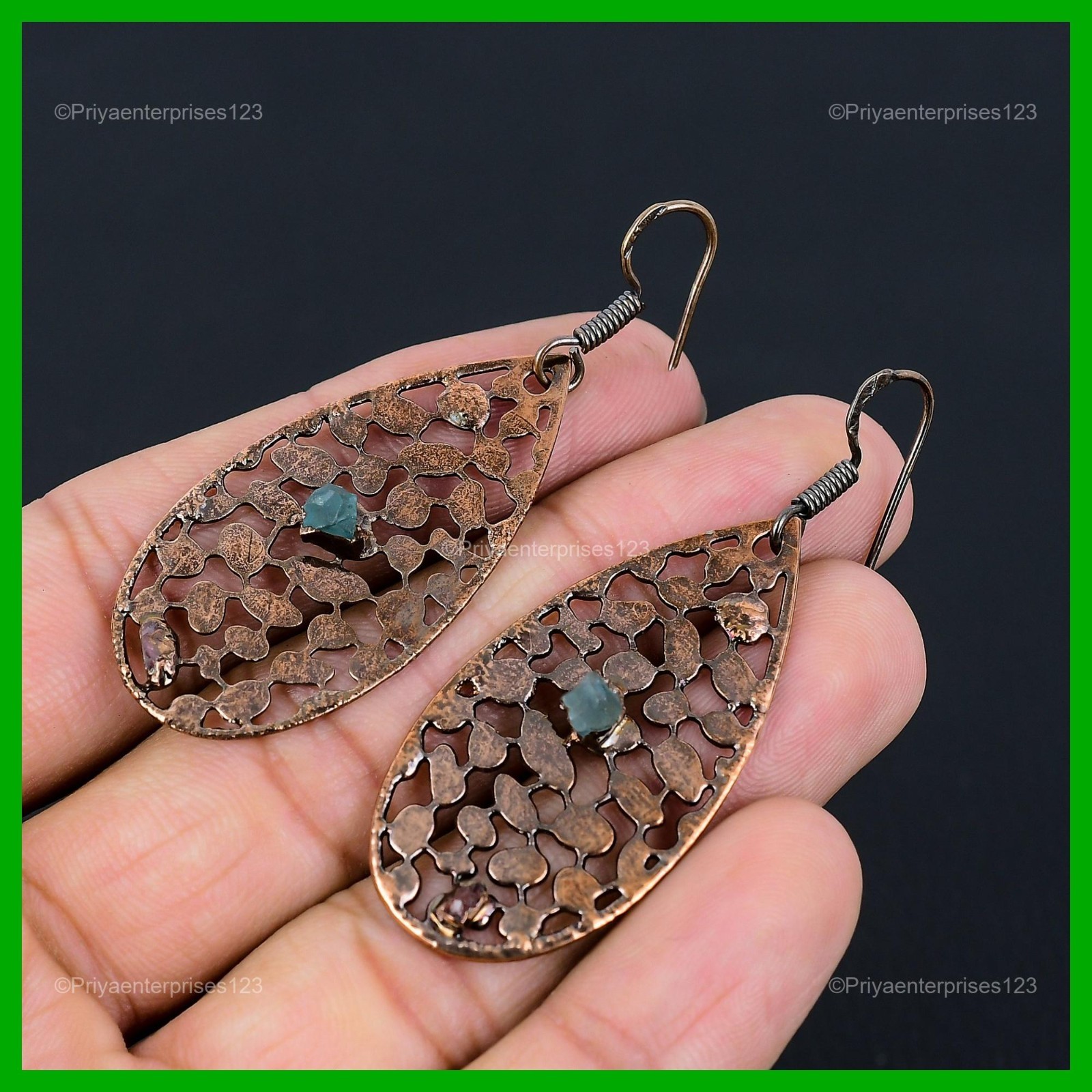 Pentagon Natural Chrome Diopside Copper Daughter New Electroformed Drop Earrings