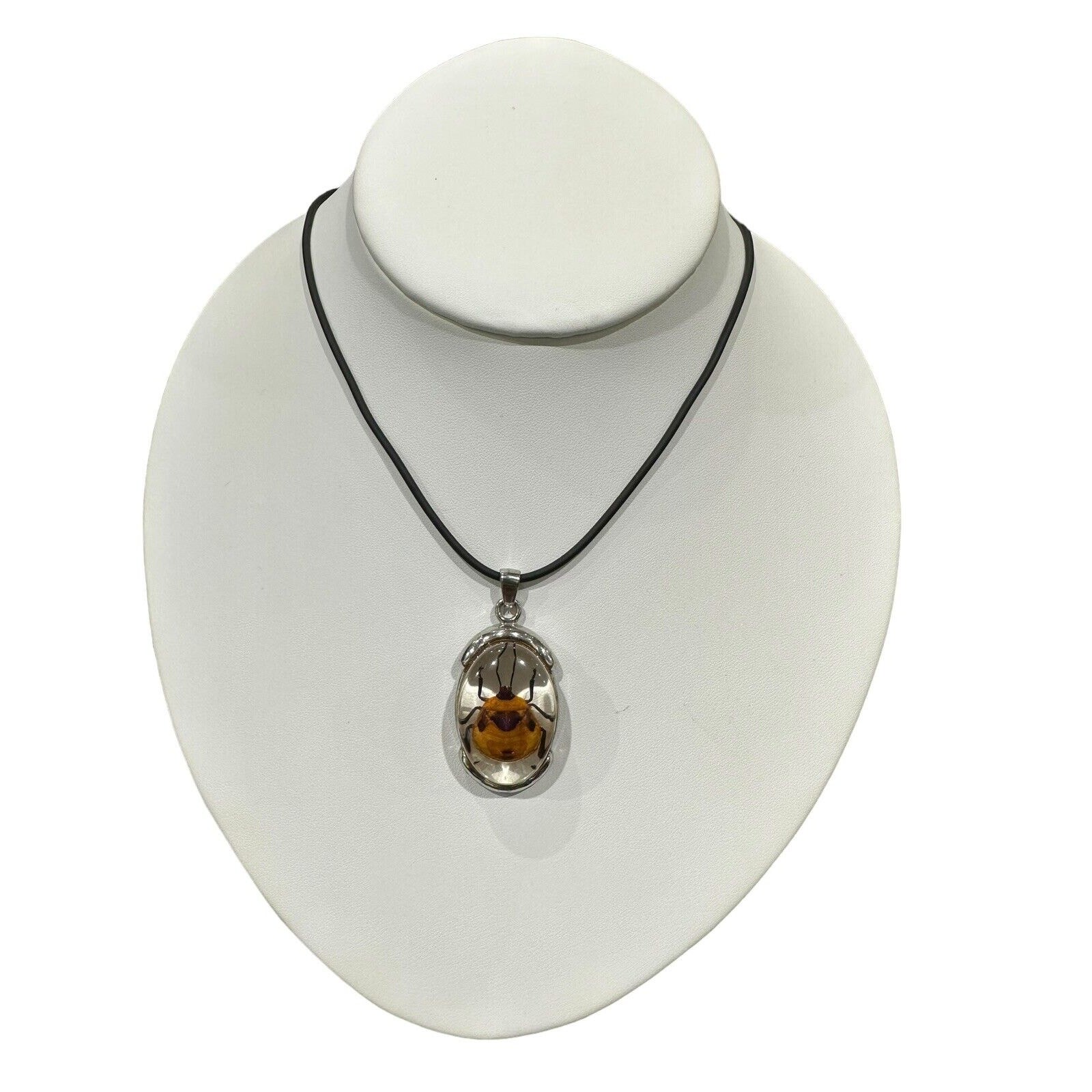Real Beetle in Lucite With Silver Metal Findings Fancy Necklace Black Cord EUC