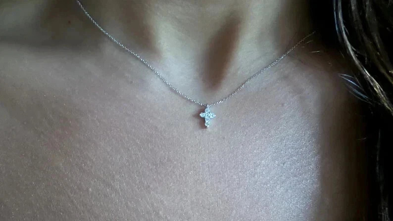 0.50Ct Round Cut Simulated Diamond Tiny Cross Pendant 14k White Gold Plated