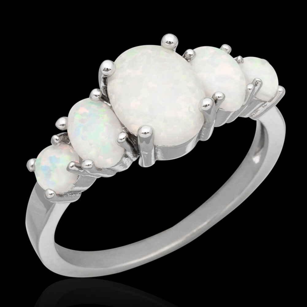 5-Stone White Fire Opal Cabochon Women Silver Jewelry Wedding Ring Size 6 7 8 9