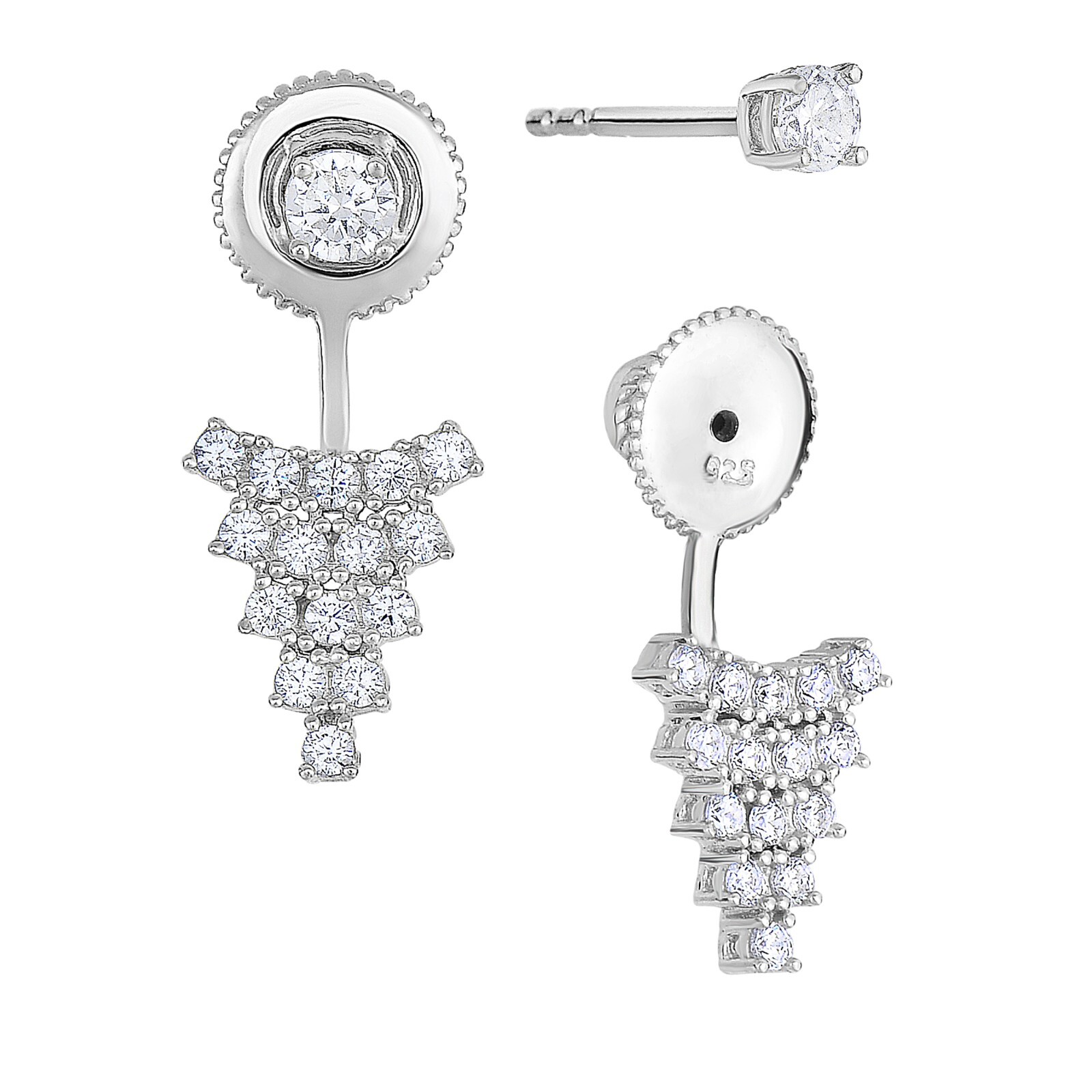 925 Sterling Silver Triangle CZ Ear Jacket Earrings Front-Back 2 in 1 Studs