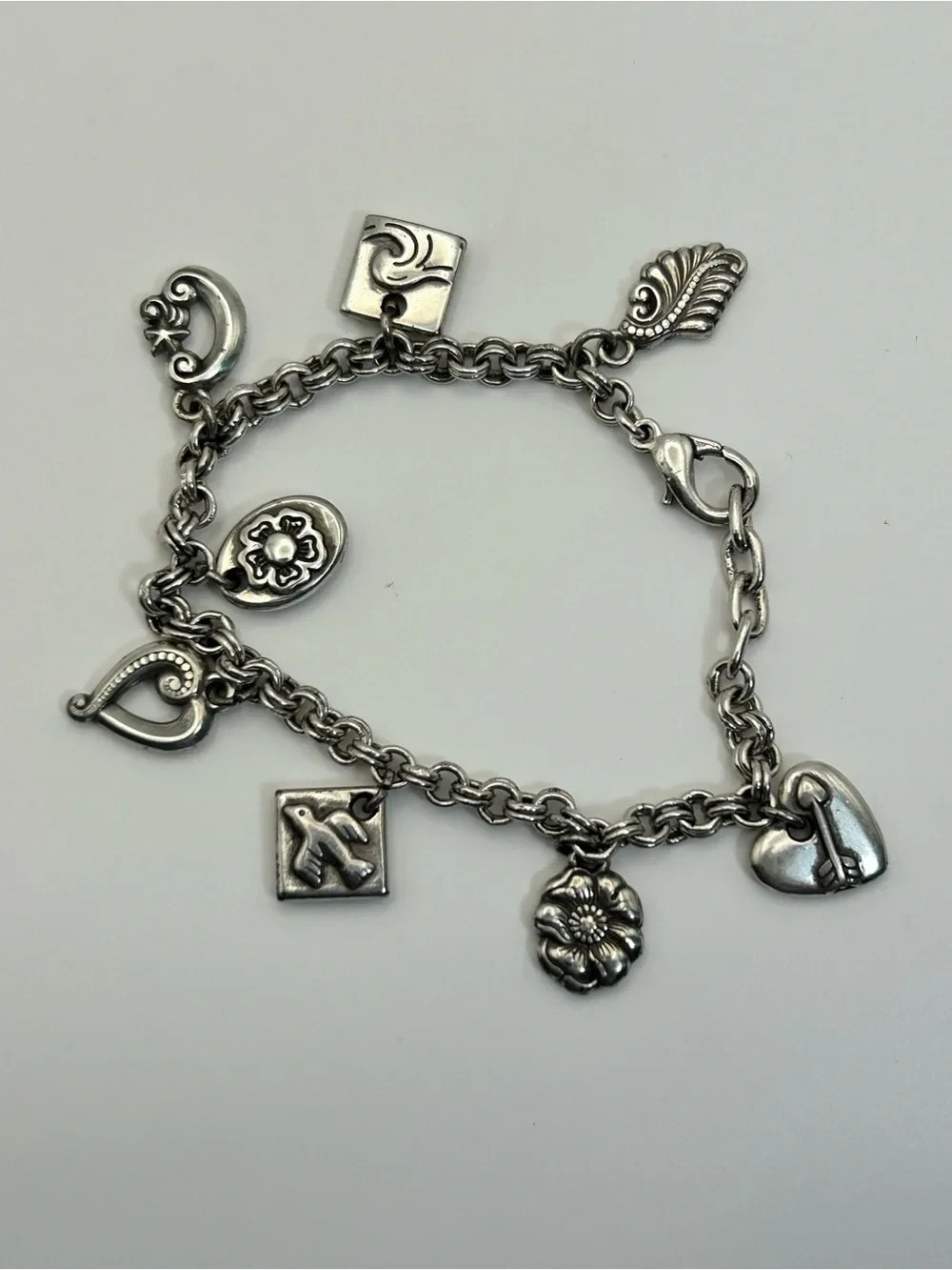 Silver-tone Heart & Charm Bracelet Classic 7.5″ Circle Link Chain Matte Finish