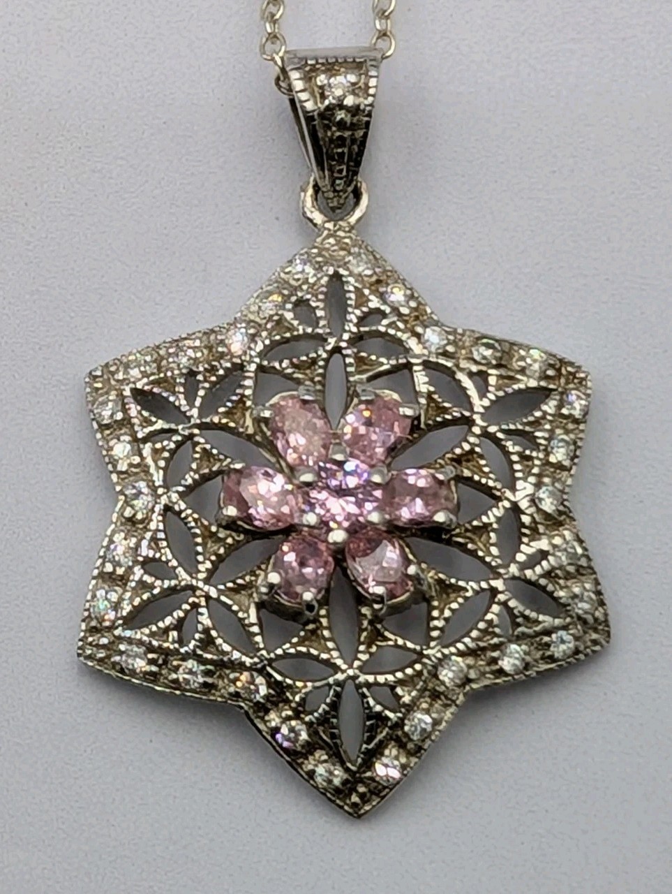Sterling Silver Pink White CZ Flower Star Of David Pendant 16.25″ Cable Necklace