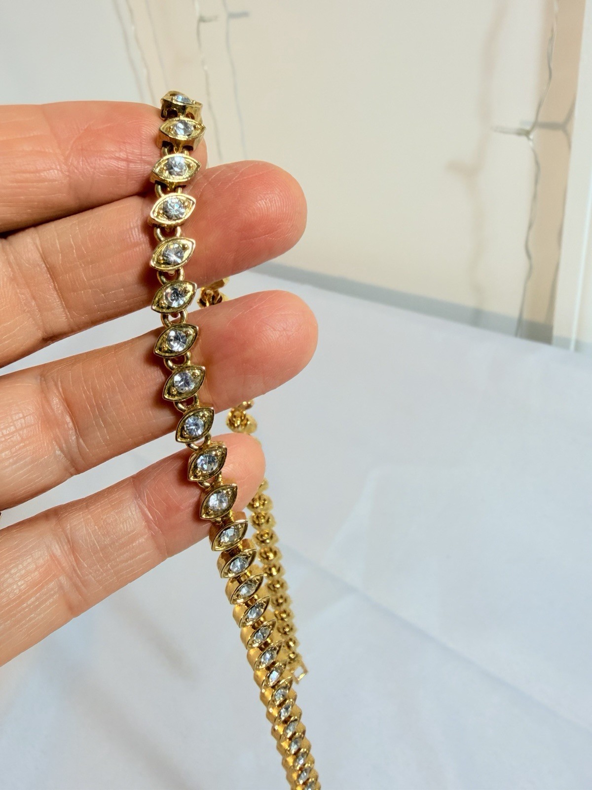 Gold Tone Crystal Tennis Necklace Marquise Link Box Clasp 18”