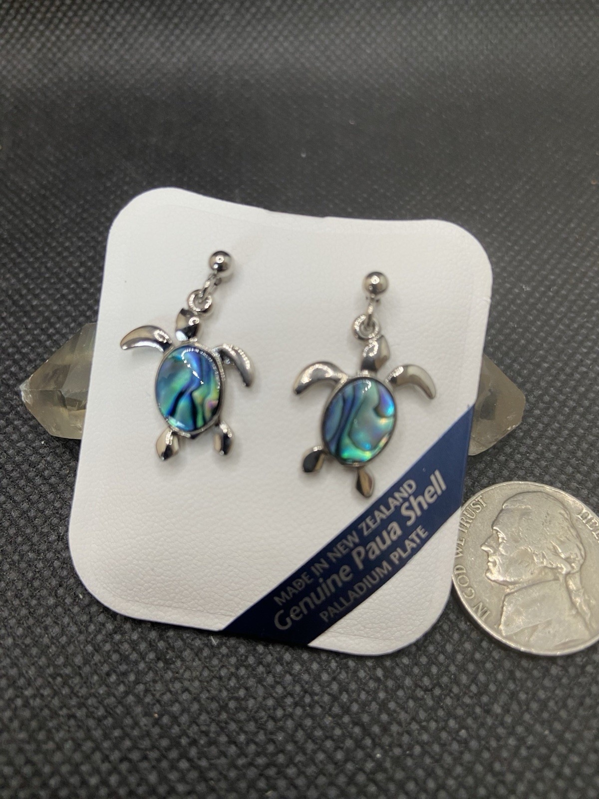 Vintage Palladium Plated Stud Dangle Sea Turtles Genuine Paua Shell Earrings