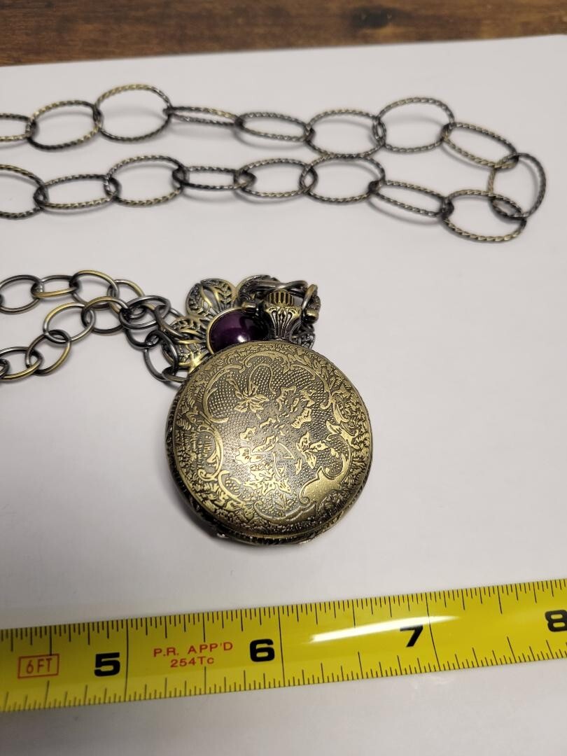 Amy Kahn Russell Pocket Watch Necklace 36” Bronze Floral READ DESCRIPTION PLEASE