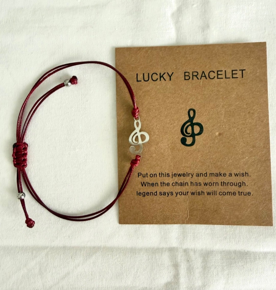 Music Wish Bracelet Stainless Steel Treble Clef Burgundy Red Woven Cord