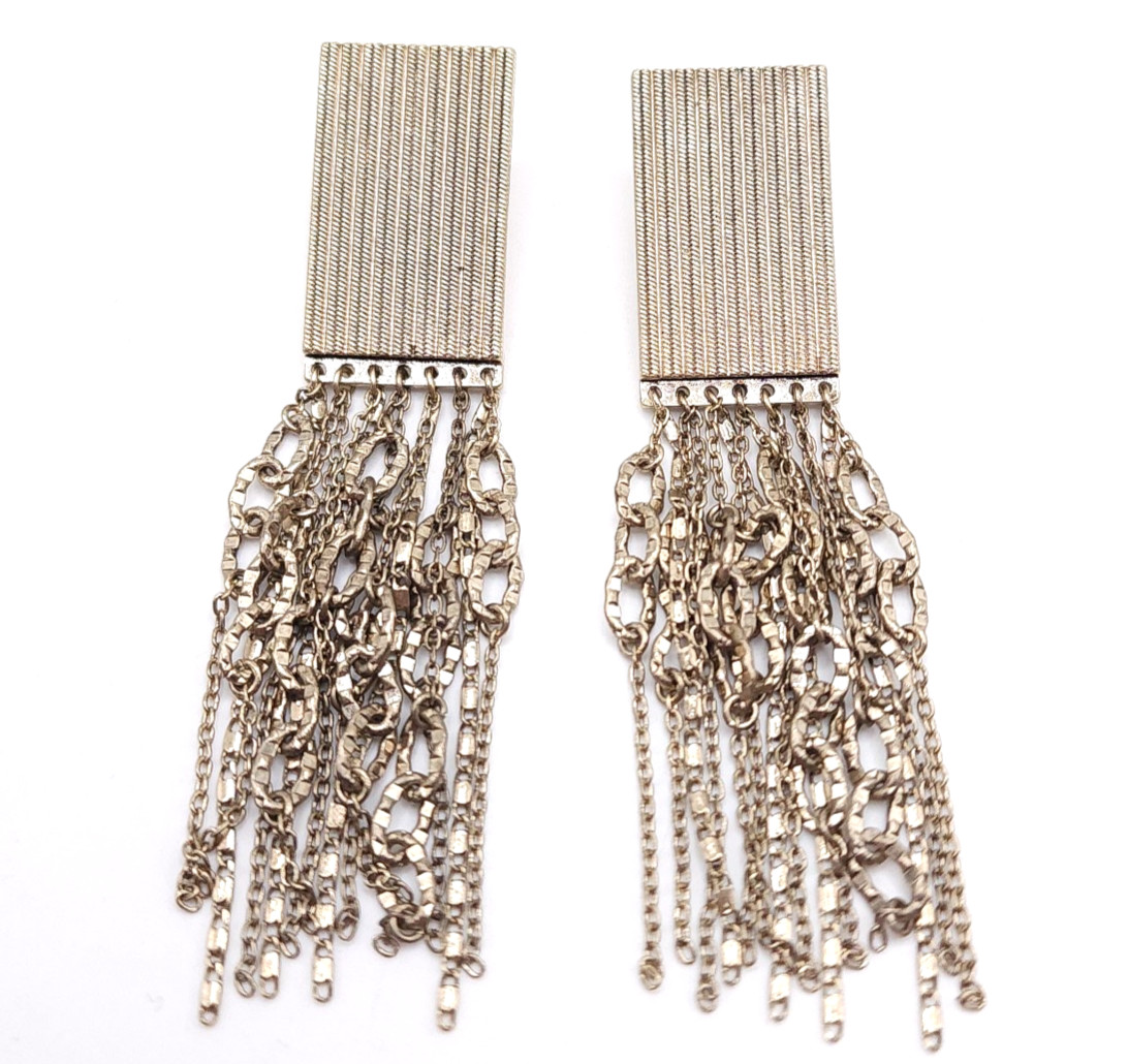 Gold Tone Fringe Chain Tassel Earrings Geometric Rectangle Dangle 3.5in