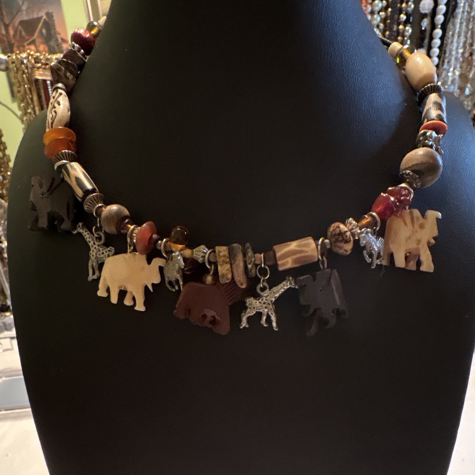 Multicolor Beaded Multi-Strand Necklace Ball/Bead Chain Elephant Charm