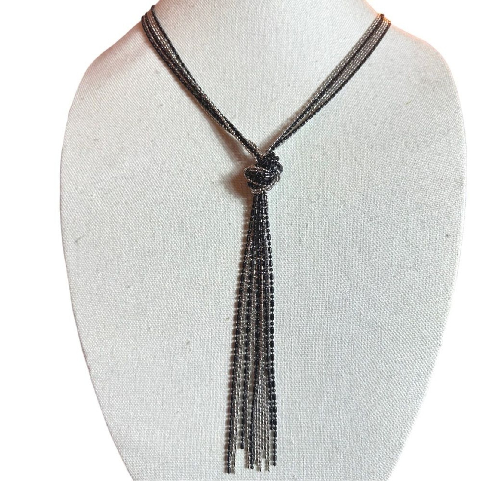 Silver and Black Two-Tone Multi-Strand Knotted Y-Necklace – NWT