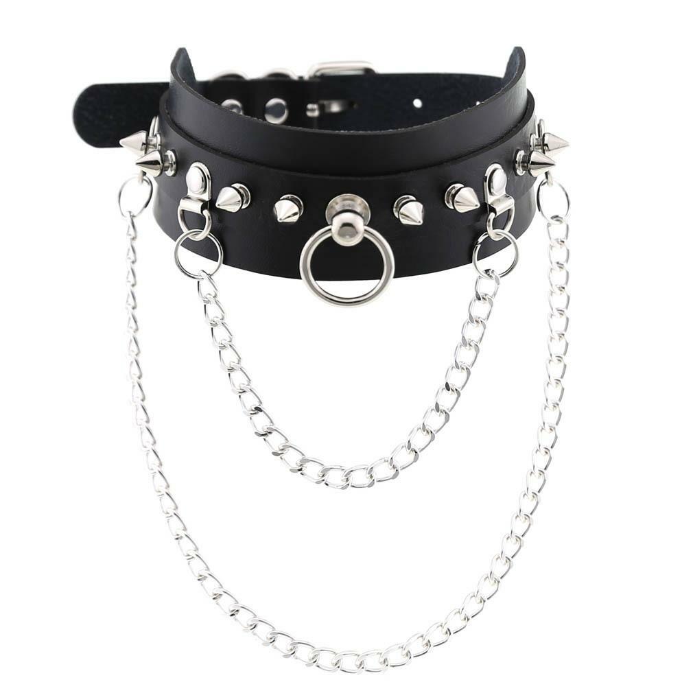 Women O Ring Neck Collar Chain Gothic Punk Studded Pu Leather Choker Necklace