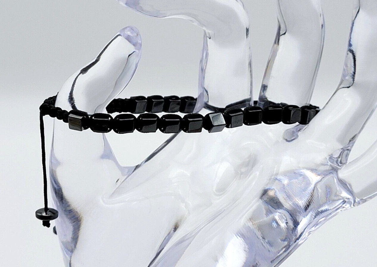 Gray Hematite Square Bead Cord Bracelet 6.5-10.5 In Slider Sizable Unisex Adults