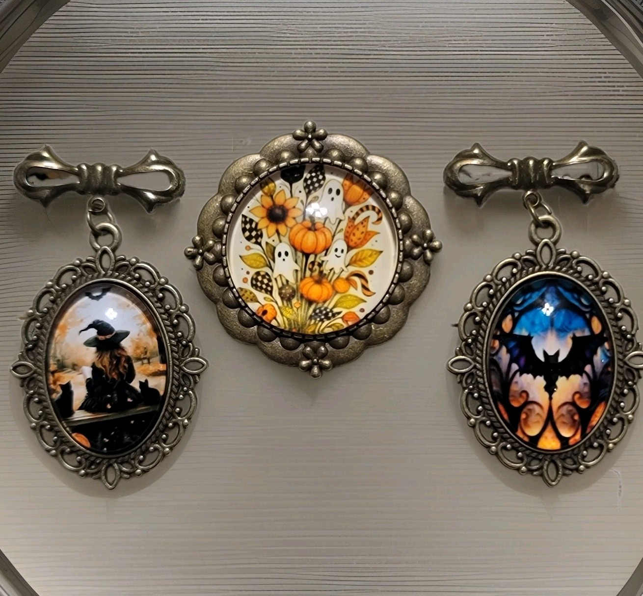 Lot Of 3 Vintage-inspired Small Halloween Brooches Goldtone Ghost Witch Cat Bat