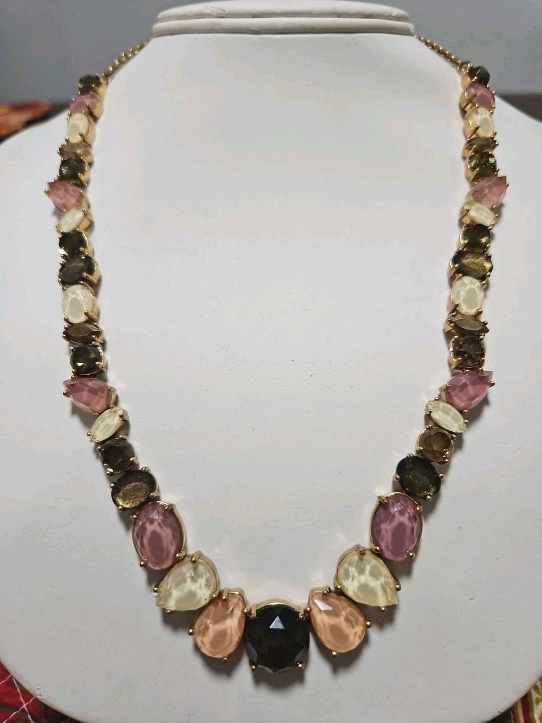 LOFT Goldtone Soft Pink Brown Green Ivory Open Rhinestones Adj 19-20″ Necklace