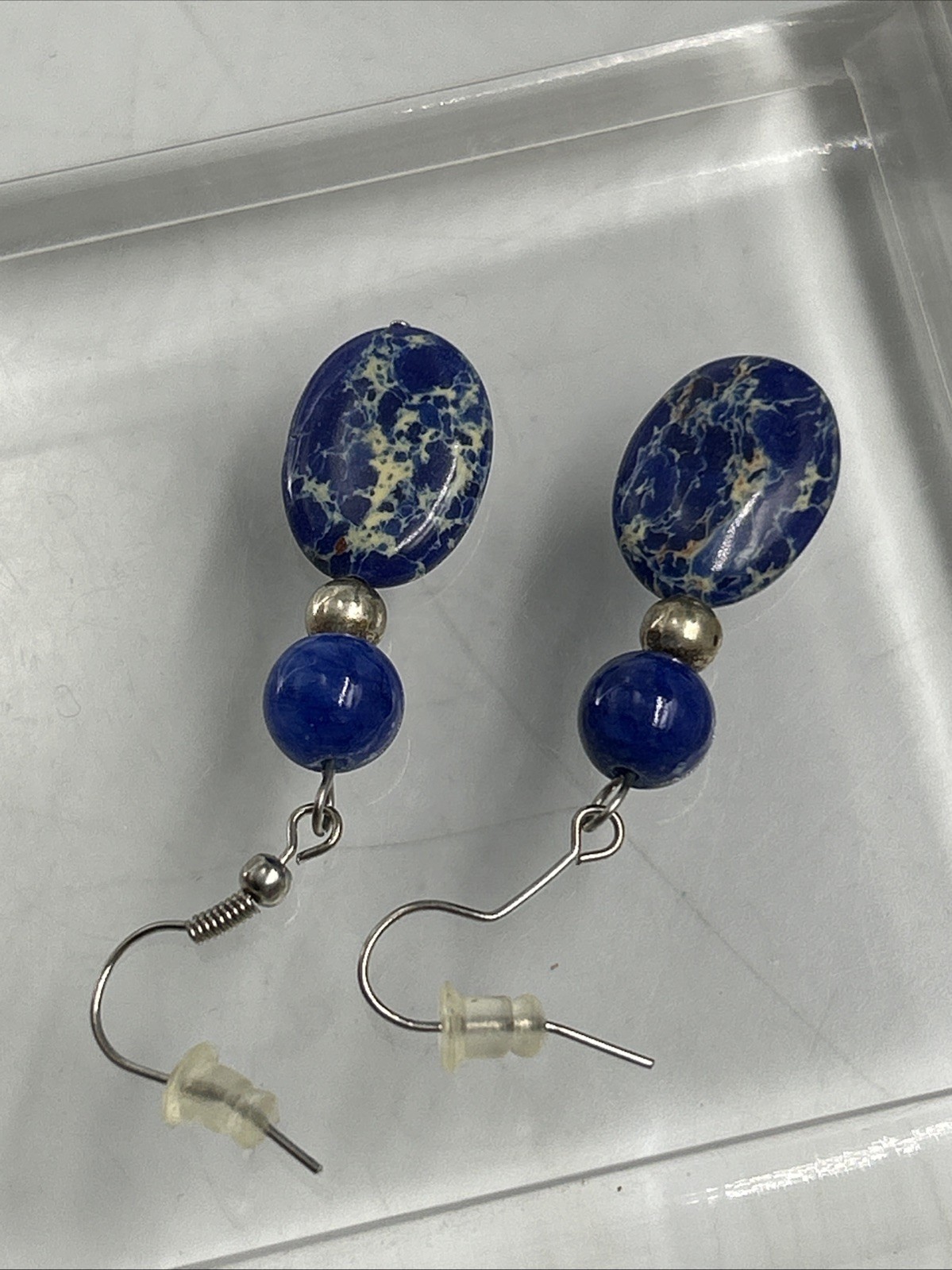 Marbled Acrylic Ball Beaded Dangle Drop Earrings Blue