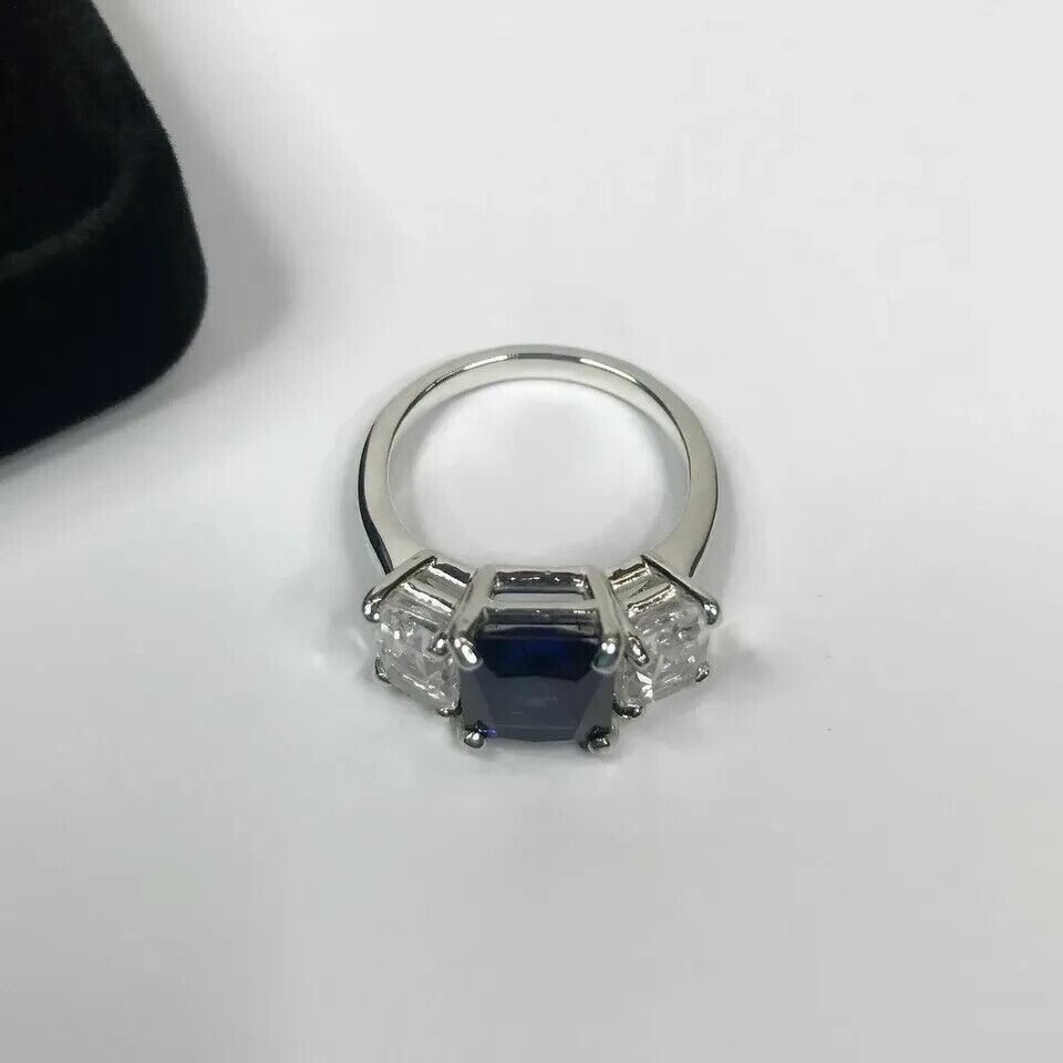 Emerald Simulated Sapphire Women’s Classic Engagement Ring 14K White Gold Plated