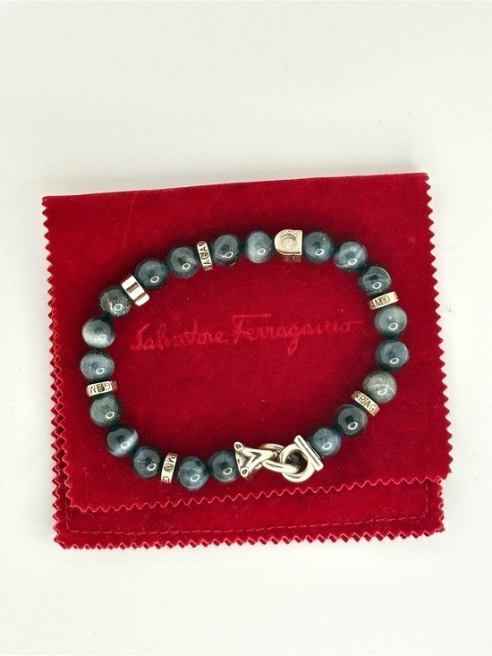 Ferragamo Semi Precious Stone Silver-Tone Blue Beaded Gancini Bracelet NEW