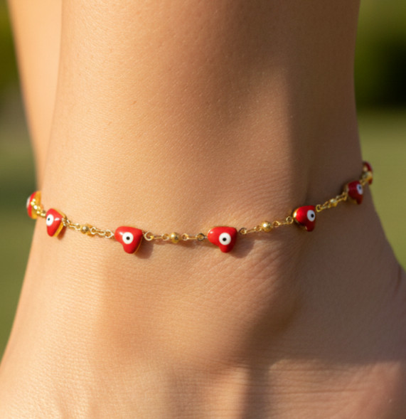 Red Heart Evil Eye Anklet Gold Plated Designer Dainty Protection Charm Chain