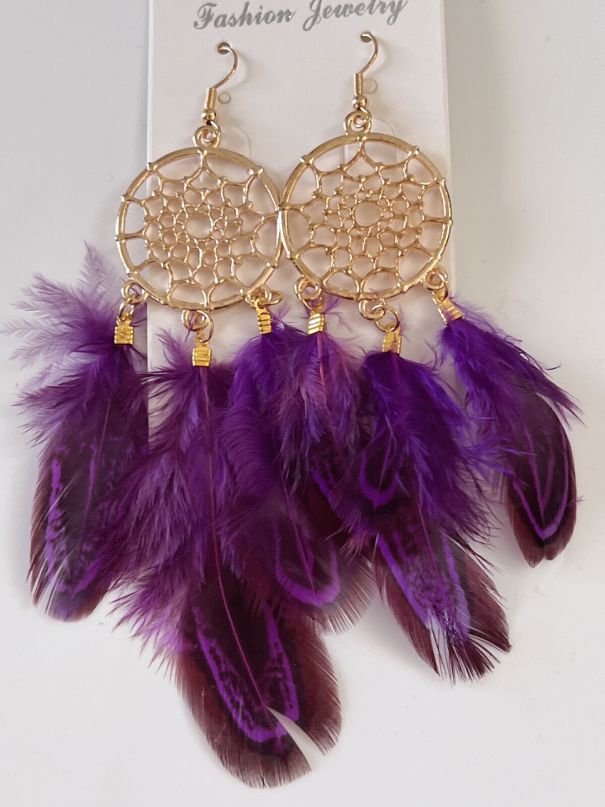 NEW Women Boho Ethnic Dark Purple Feather Dream Catcher Net Dangle Drop Earrings
